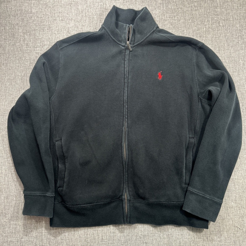 Polo Ralph Lauren Sweater Mens Medium Black  Full Zip Mock Neck Knit Preppy